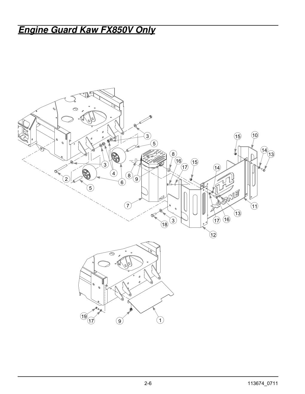 Hustler X-One Parts Manual - 113674 - Engine Guard Kaw FX850V Only diagram