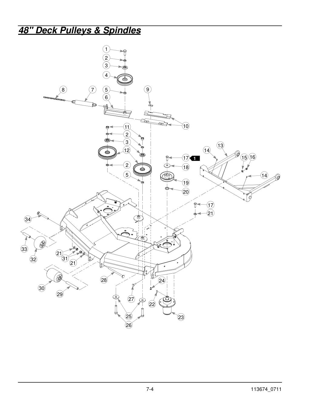 Hustler X-One Parts Manual - 113674 - 48" Deck Pulleys & Spindles diagram