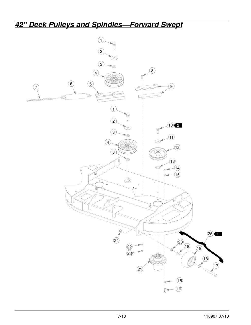 Hustler Sport Parts Manual - 110907 - 42" Deck Pulleys and Spindles-Forward Swept diagram