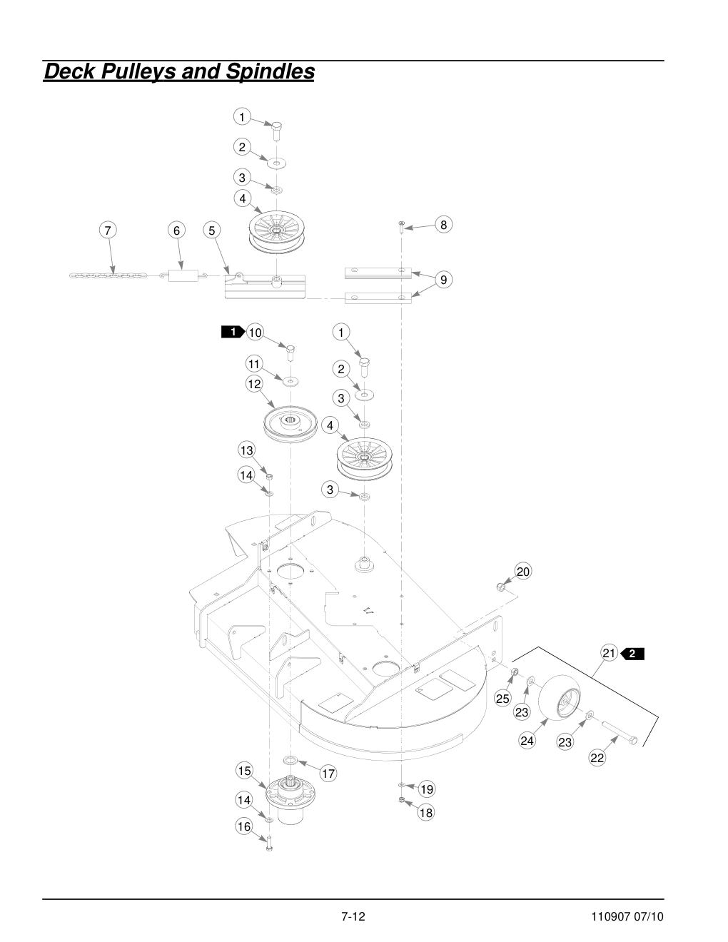 Hustler Sport Parts Manual - 110907 - Deck Pulleys and Spindles diagram