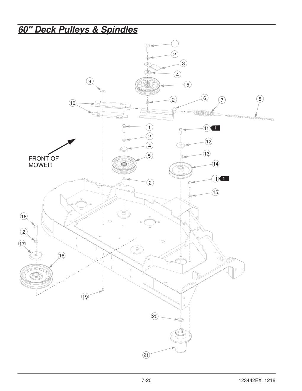 Hustler® X-One® Parts Manual - 936237EX - 60" Deck Pulleys & Spindles diagram
