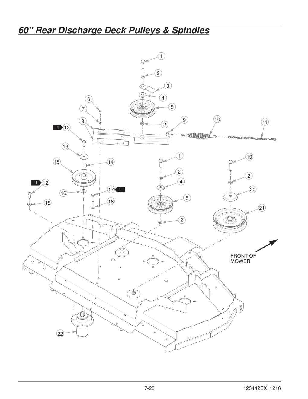 Hustler® X-One® Parts Manual - 936237EX - 60" Rear Discharge Deck Pulleys & Spindles diagram