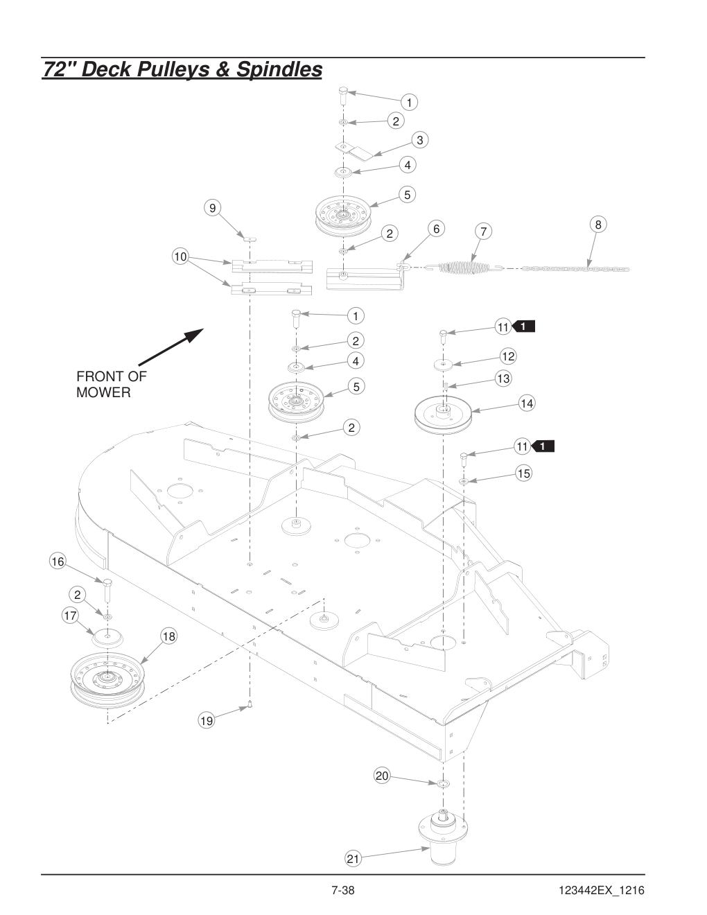 Hustler® X-One® Parts Manual - 936237EX - 72" Deck Pulleys & Spindles diagram