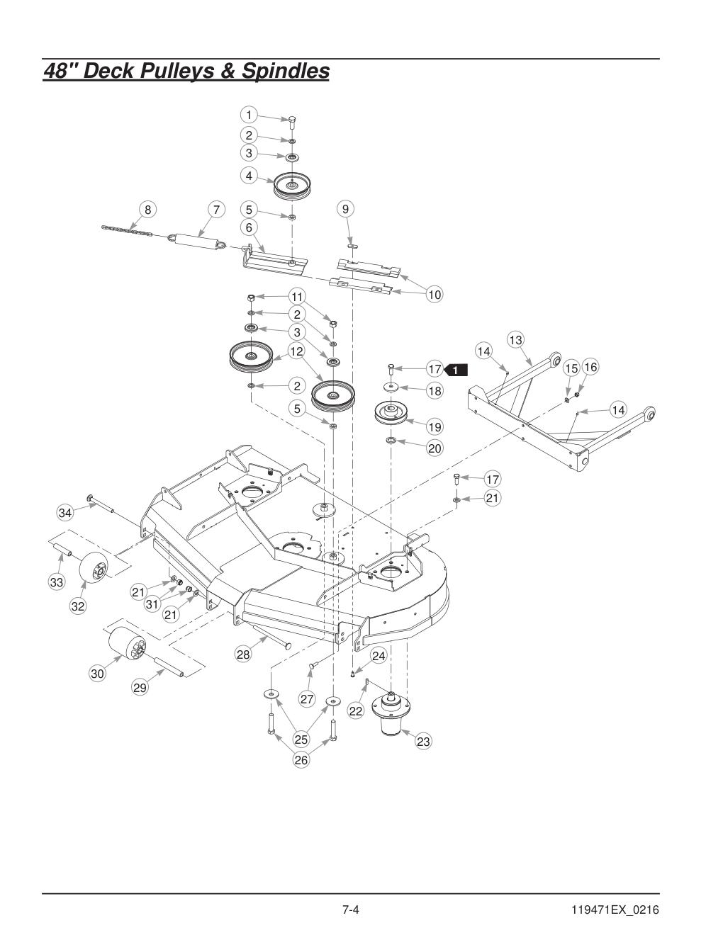 Hustler® X-One Parts Manual - 932723EX - 48" Deck Pulleys & Spindles diagram