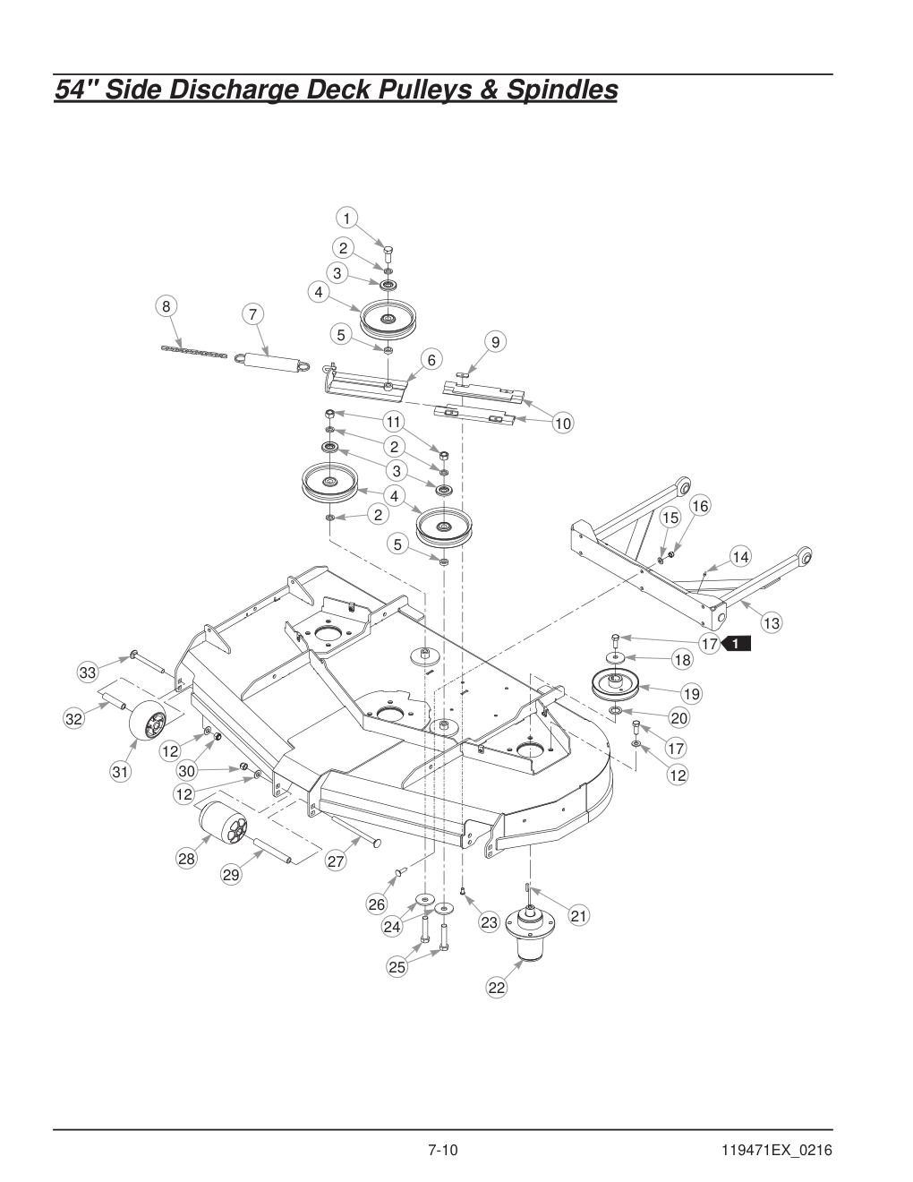 Hustler® X-One Parts Manual - 932723EX - 54" Side Discharge Deck Pulleys & Spindles diagram