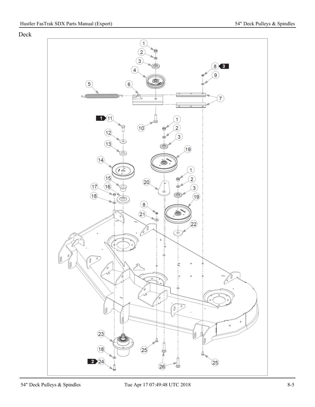 Frame & Engine Guard Hustler FasTrak SDX Parts Manual (Export) - 606474 - 54" Deck Pulleys & Spindles diagram