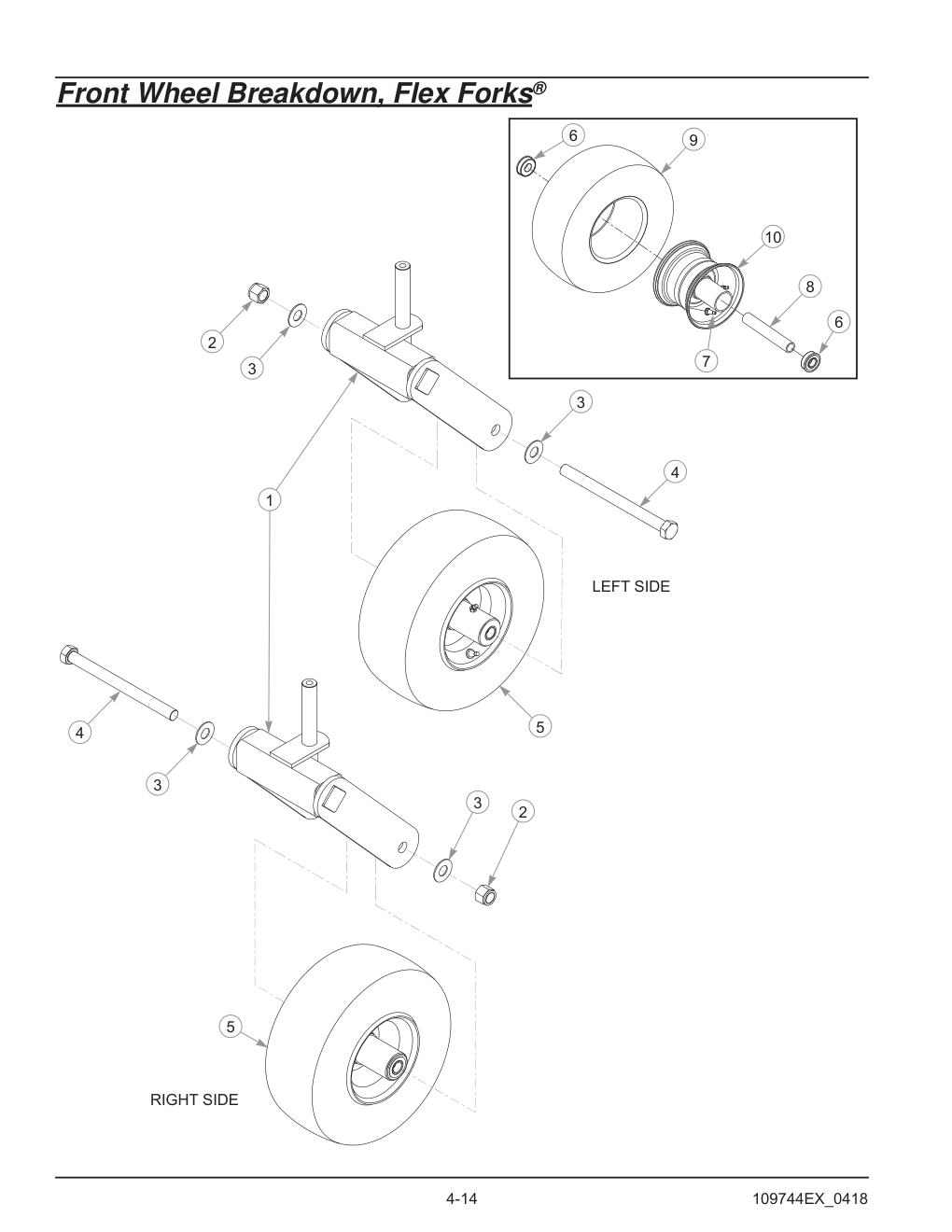 Hustler® Diesel Z Parts Manual - 605696 - Front Wheel Breakdown, Flex Forks® diagram