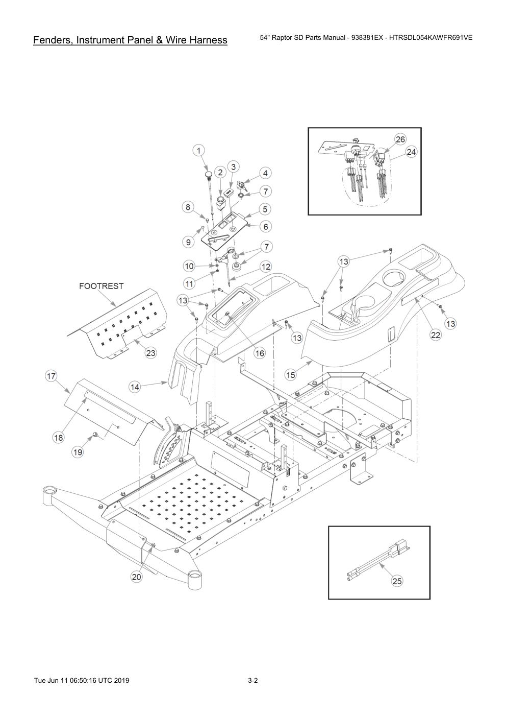 54" Raptor SD Parts Manual - 938381EX - HTRSDL054KAWFR691VE - 604708 - Fenders, Instrument Panel & Wire Harness diagram