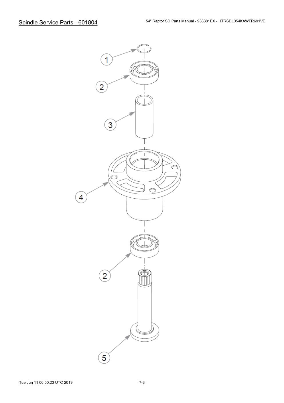 54" Raptor SD Parts Manual - 938381EX - HTRSDL054KAWFR691VE - 604708 - Spindle Service Parts - 601804 diagram