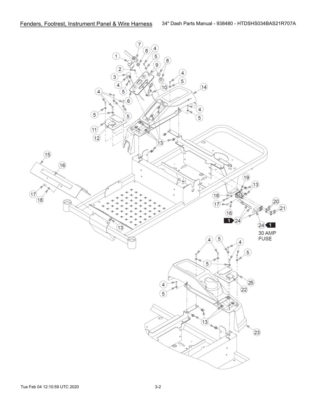 34" Dash Parts Manual - 938480 - HTDSHS034BAS21R707A - 604214 - Fenders, Footrest, Instrument Panel & Wire Harness diagram