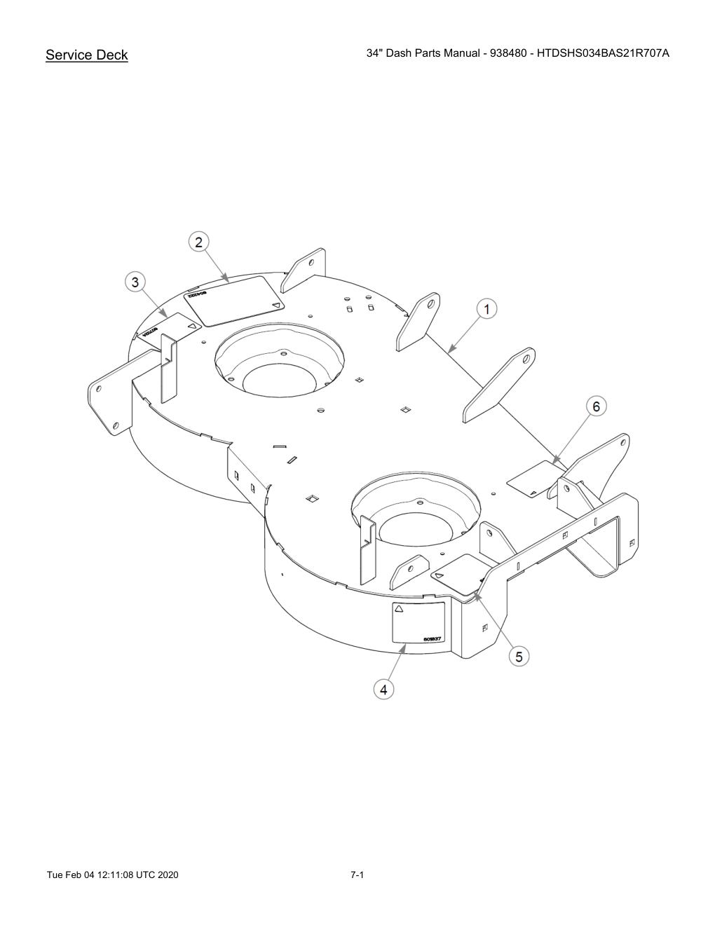 34" Dash Parts Manual - 938480 - HTDSHS034BAS21R707A - 604214 - Service Deck diagram