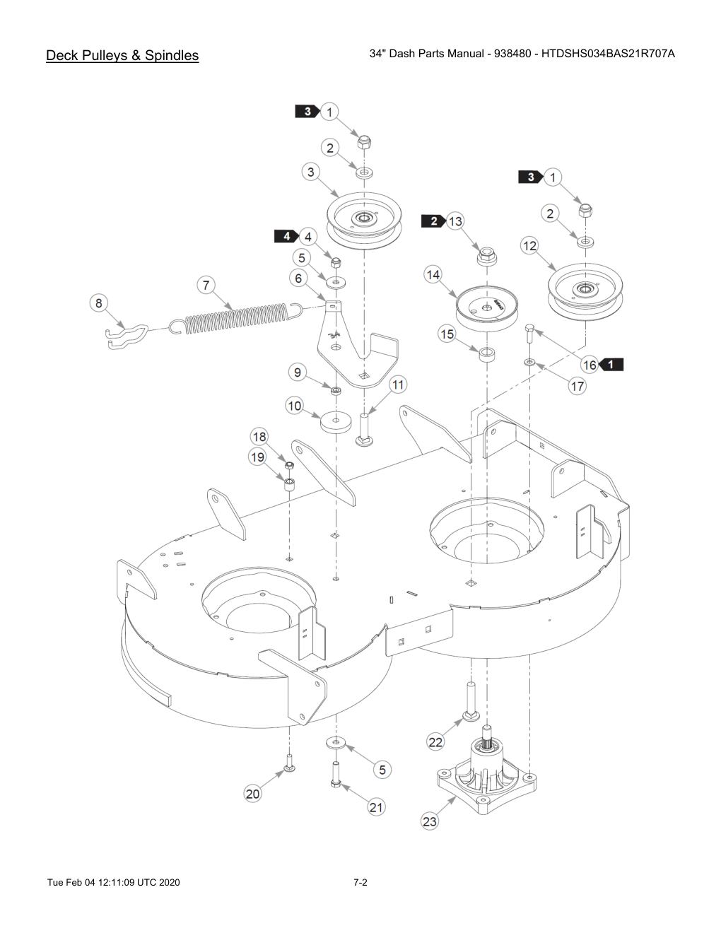 34" Dash Parts Manual - 938480 - HTDSHS034BAS21R707A - 604214 - Deck Pulleys & Spindles diagram