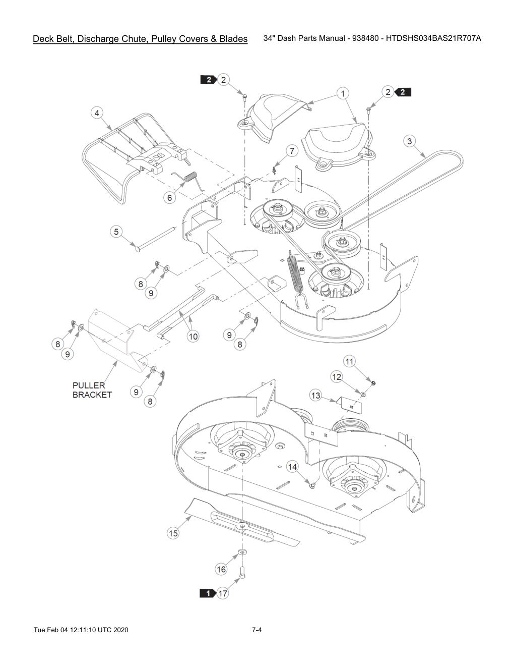 34" Dash Parts Manual - 938480 - HTDSHS034BAS21R707A - 604214 - Deck Belt, Discharge Chute, Pulley Covers & Blades diagram
