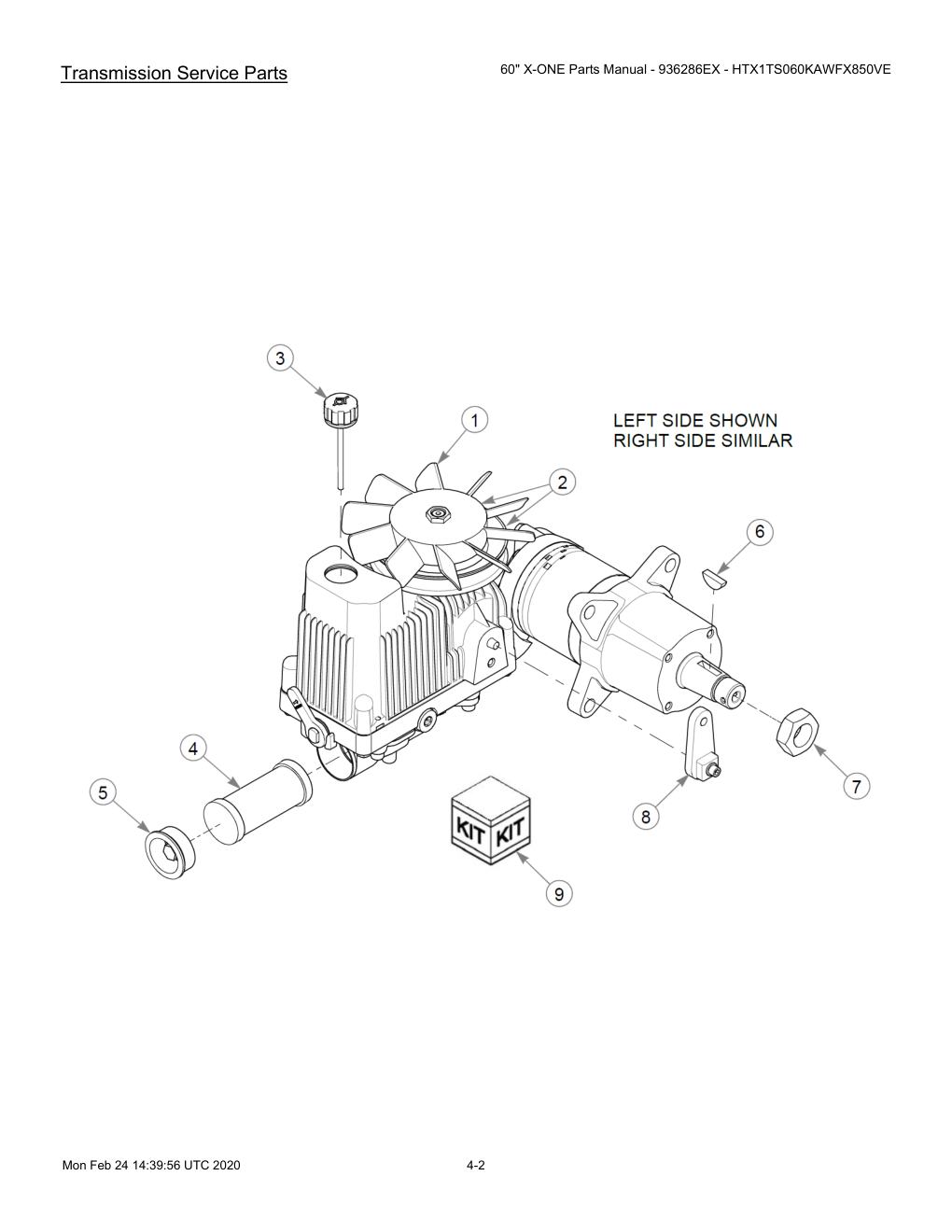 60" X-ONE Parts Manual - 936286EX - HTX1TS060KAWFX850VE - 607407 - Transmission Service Parts diagram
