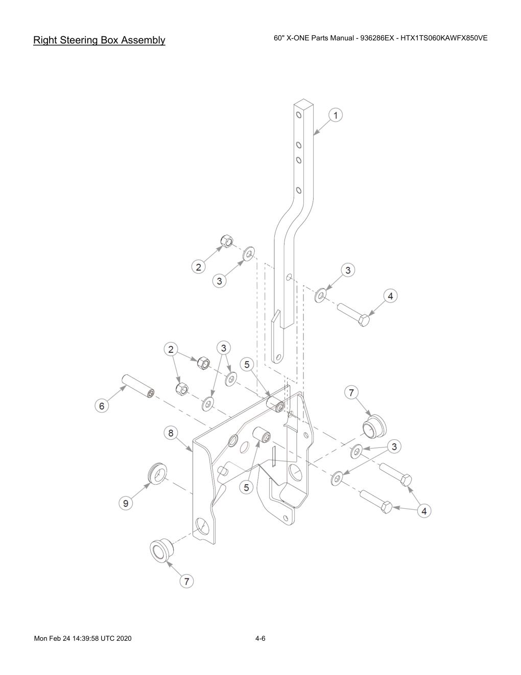 60" X-ONE Parts Manual - 936286EX - HTX1TS060KAWFX850VE - 607407 - Right Steering Box Assembly diagram