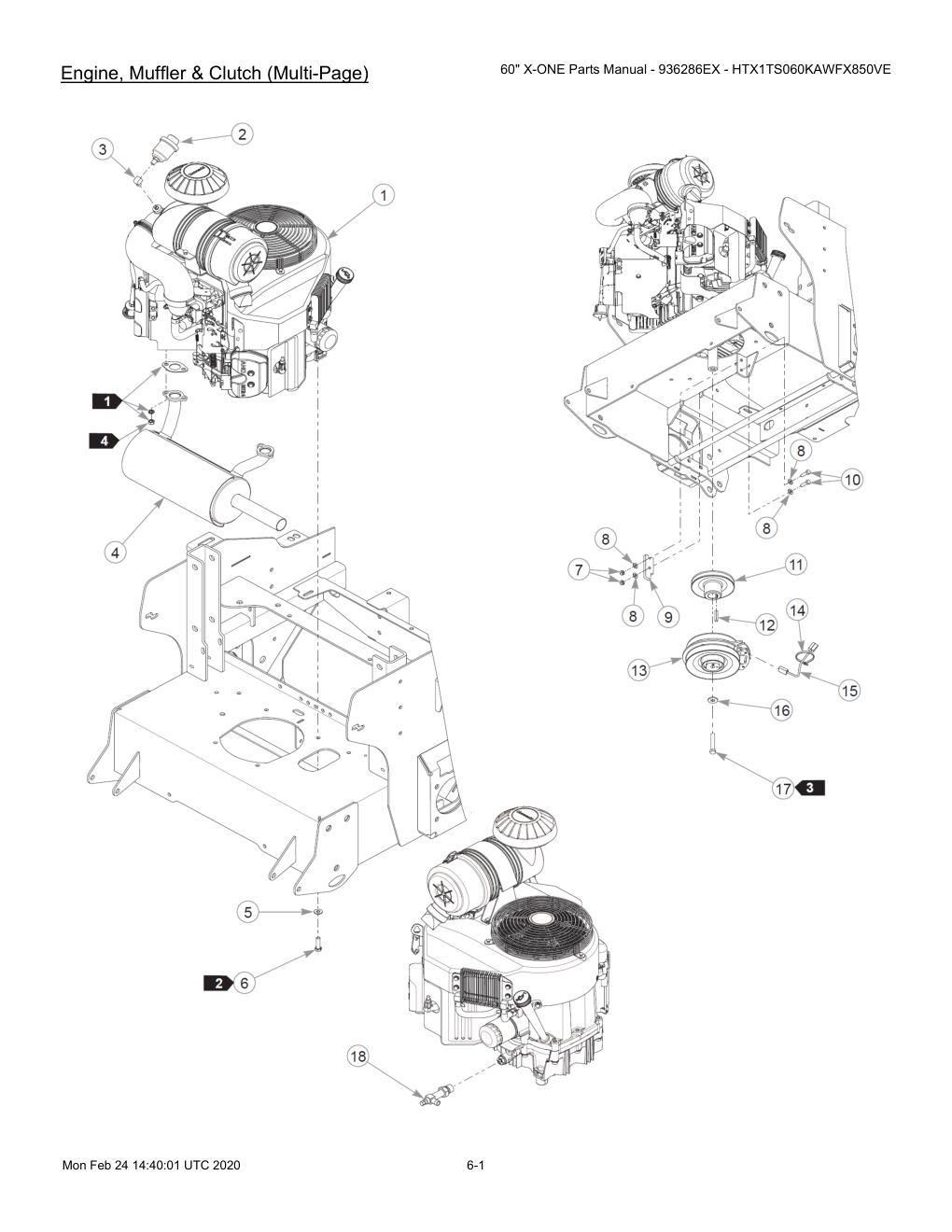 60" X-ONE Parts Manual - 936286EX - HTX1TS060KAWFX850VE - 607407 - Engine, Muffler & Clutch (Multi-Page) diagram