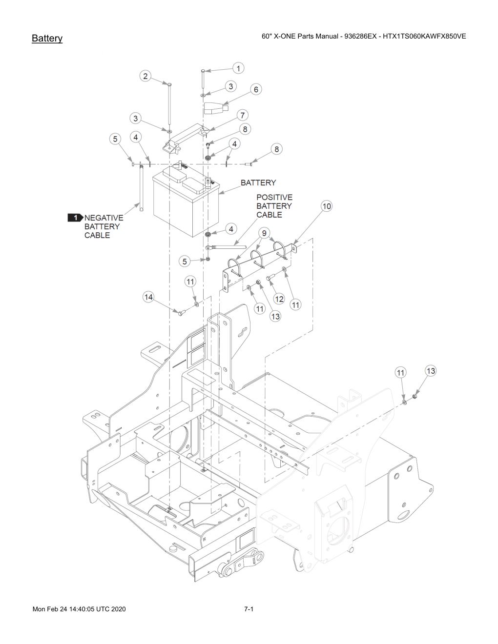 60" X-ONE Parts Manual - 936286EX - HTX1TS060KAWFX850VE - 607407 - Battery diagram