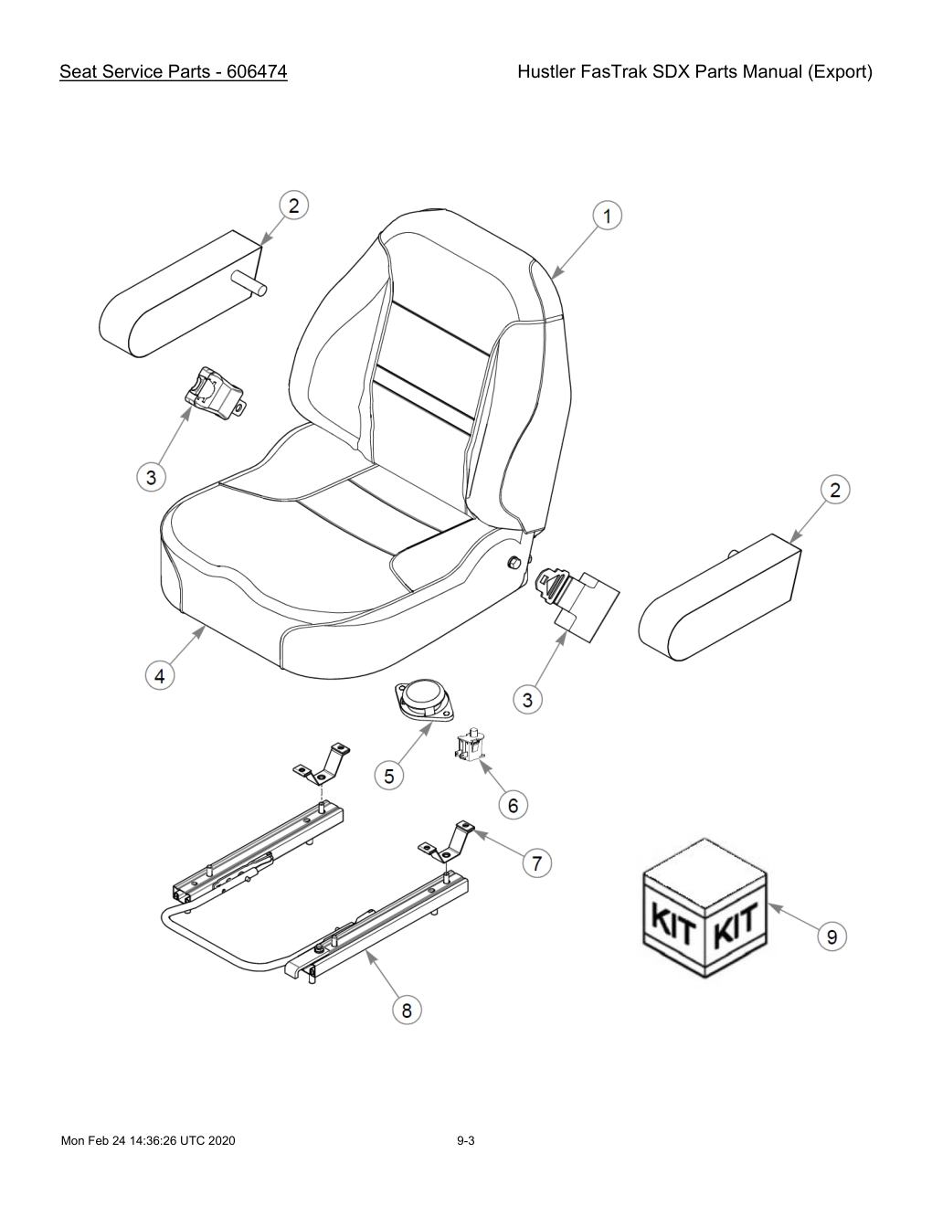 Hustler FasTrak SDX Parts Manual (Export) - 605380 - Seat Service Parts - 606474 diagram