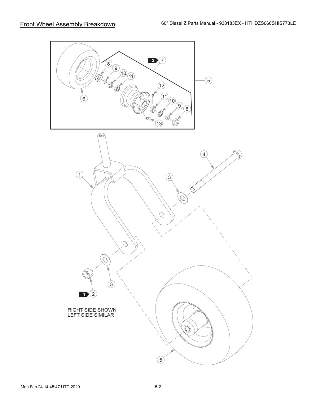 60" Diesel Z Parts Manual - 938183EX - HTHDZS060SHIS773LE - 607407 - Front Wheel Assembly Breakdown diagram