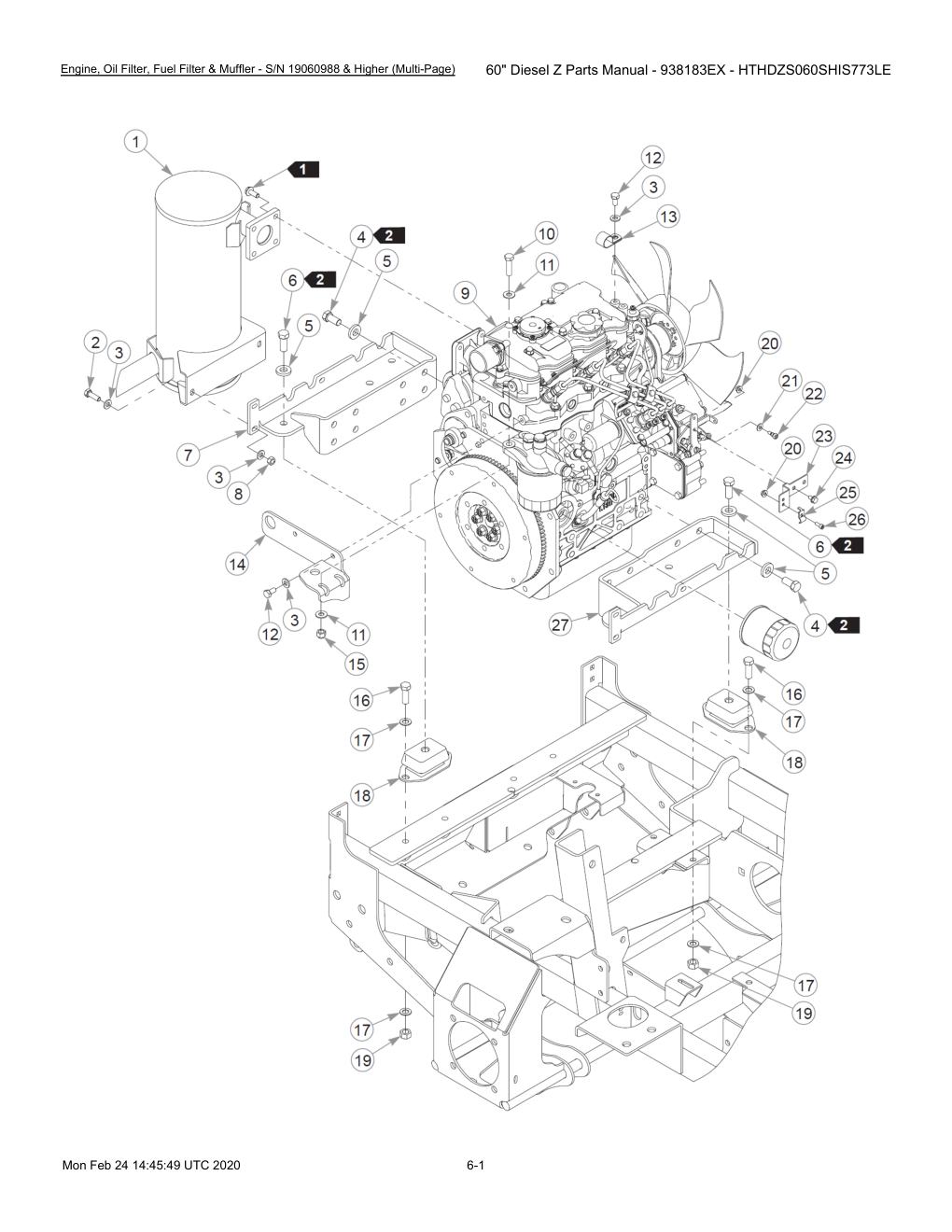 60" Diesel Z Parts Manual - 938183EX - HTHDZS060SHIS773LE - 607407 - Engine, Oil Filter, Fuel Filter & Muffler - S/N 19060988 & Higher (Multi-Page) diagram