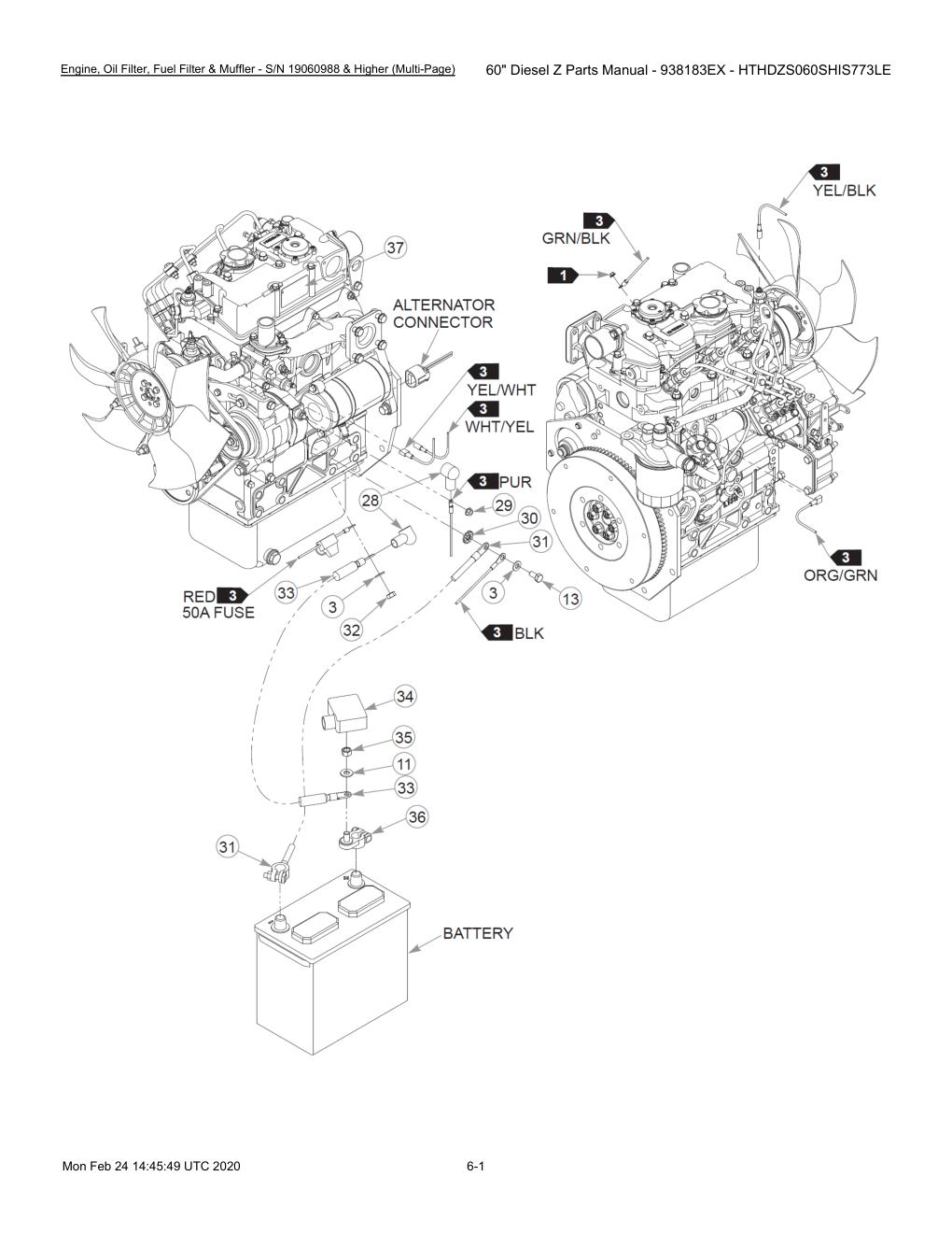 60" Diesel Z Parts Manual - 938183EX - HTHDZS060SHIS773LE - 607407 - Engine, Oil Filter, Fuel Filter & Muffler - S/N 19060988 & Higher (Multi-Page) diagram