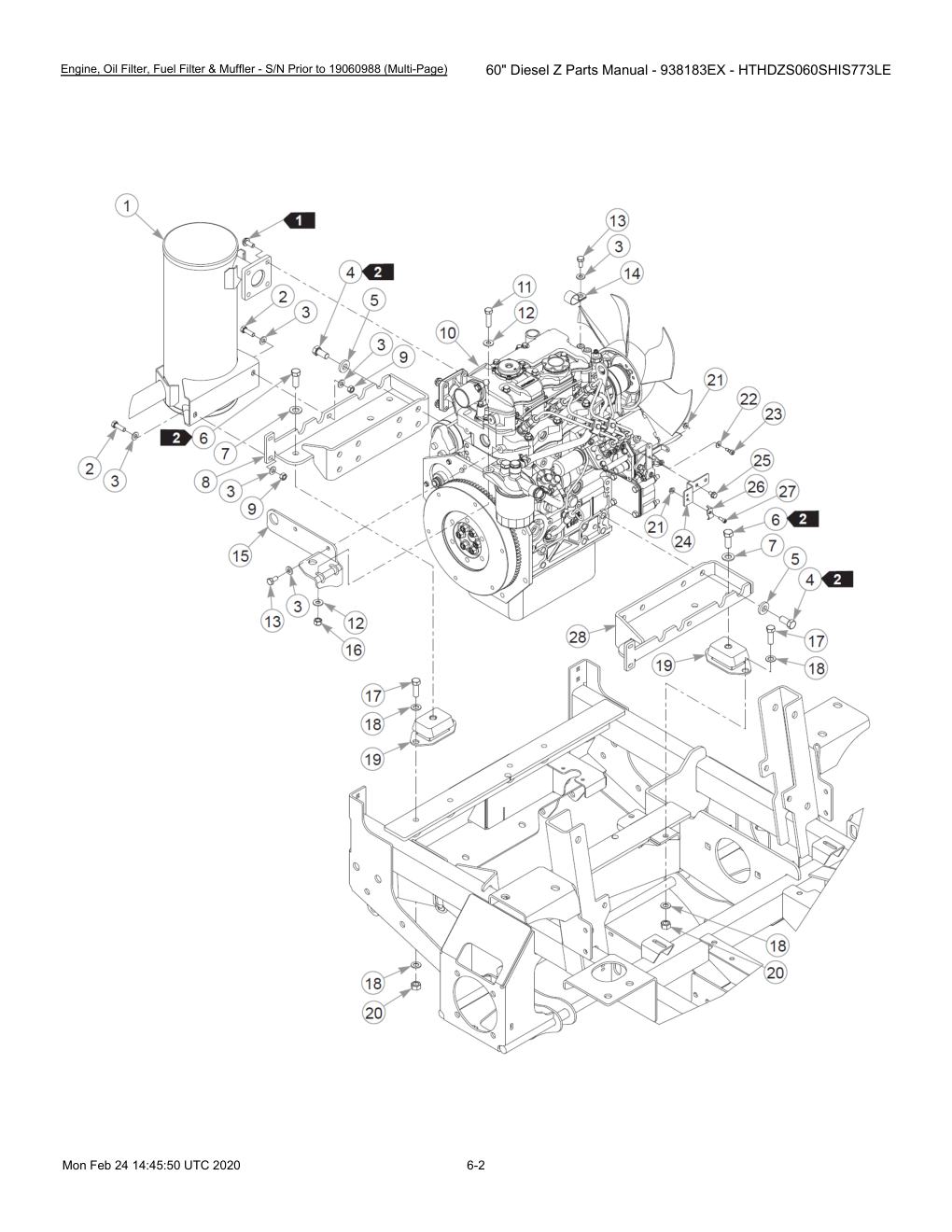 60" Diesel Z Parts Manual - 938183EX - HTHDZS060SHIS773LE - 607407 - Engine, Oil Filter, Fuel Filter & Muffler - S/N Prior to 19060988 (Multi-Page) diagram