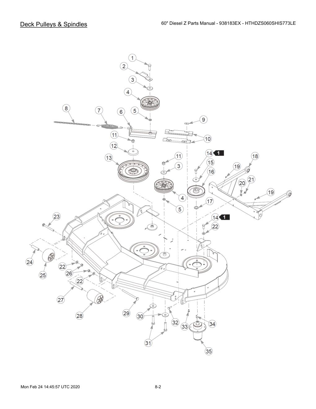 60" Diesel Z Parts Manual - 938183EX - HTHDZS060SHIS773LE - 607407 - Deck Pulleys & Spindles diagram