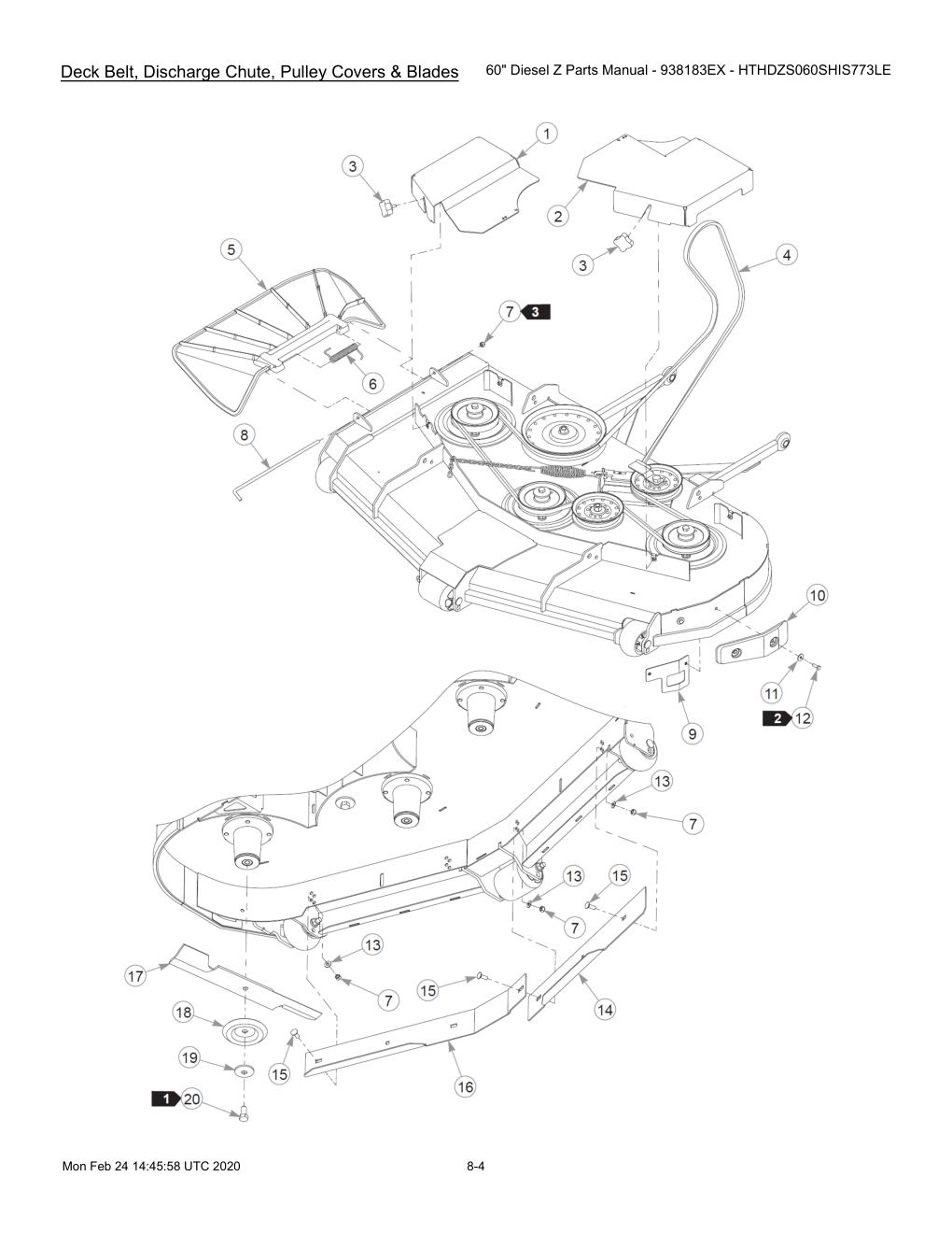 60" Diesel Z Parts Manual - 938183EX - HTHDZS060SHIS773LE - 607407 - Deck Belt, Discharge Chute, Pulley Covers & Blades diagram