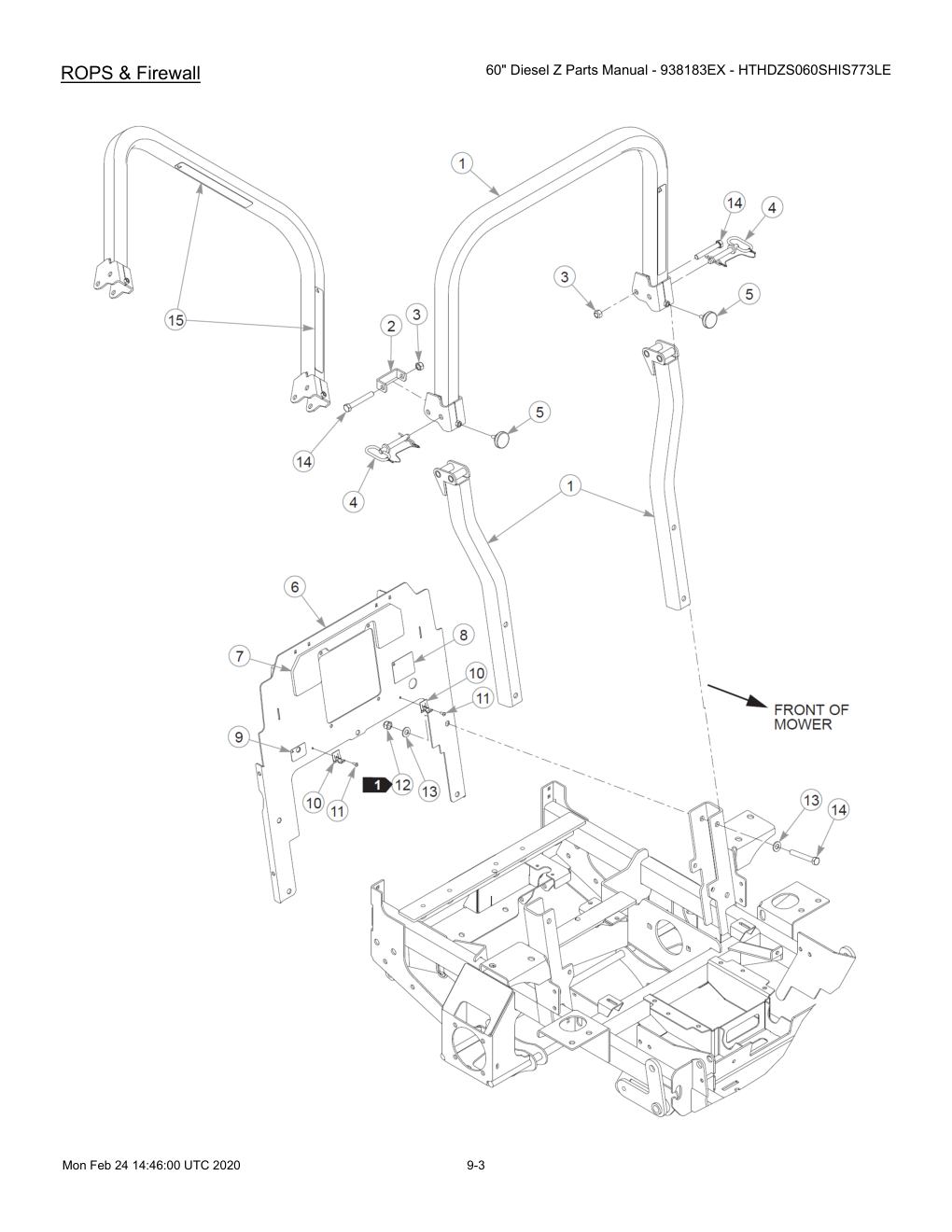 60" Diesel Z Parts Manual - 938183EX - HTHDZS060SHIS773LE - 607407 - ROPS & Firewall diagram