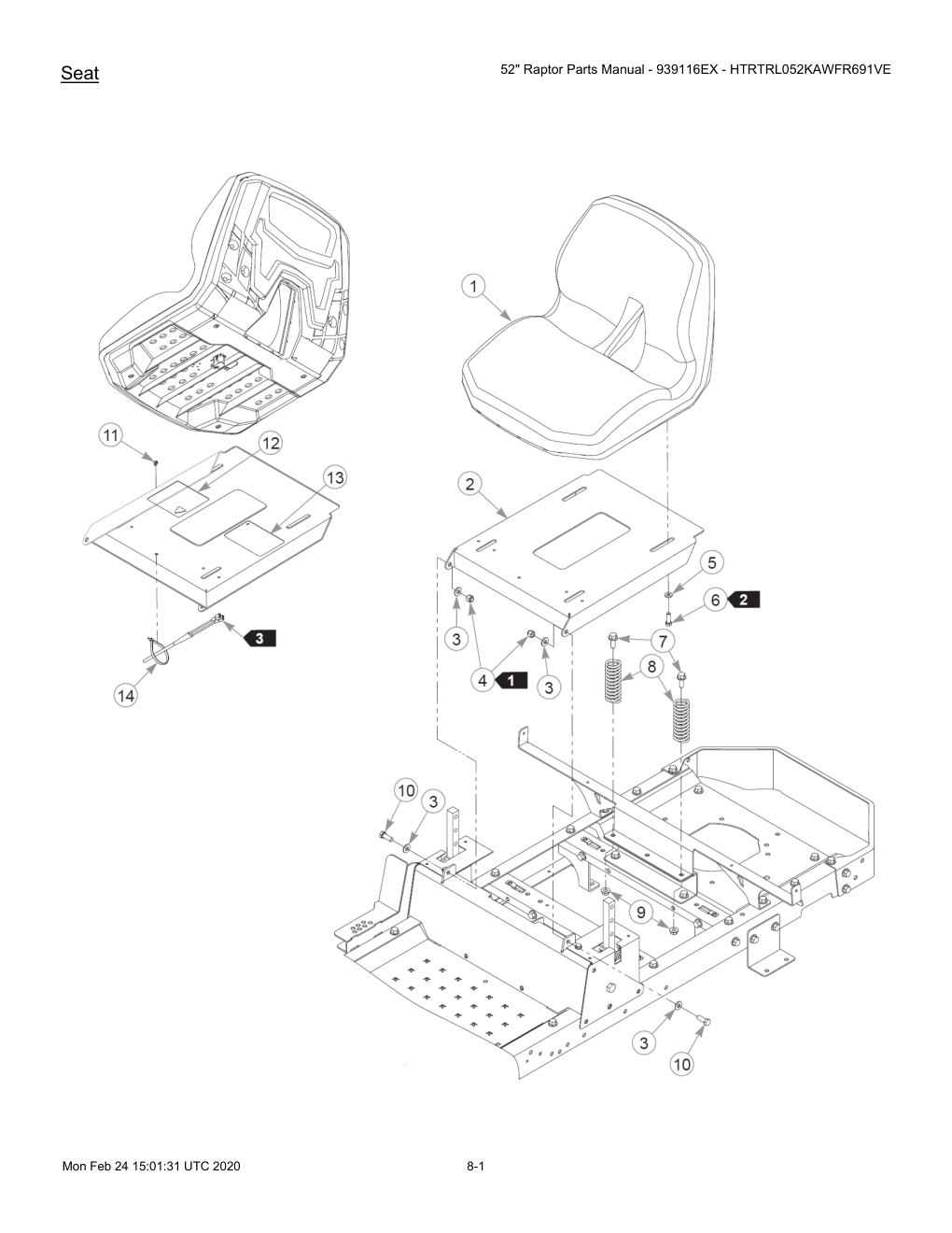 52" Raptor Parts Manual - 939116EX - HTRTRL052KAWFR691VE - 604214 - Seat diagram