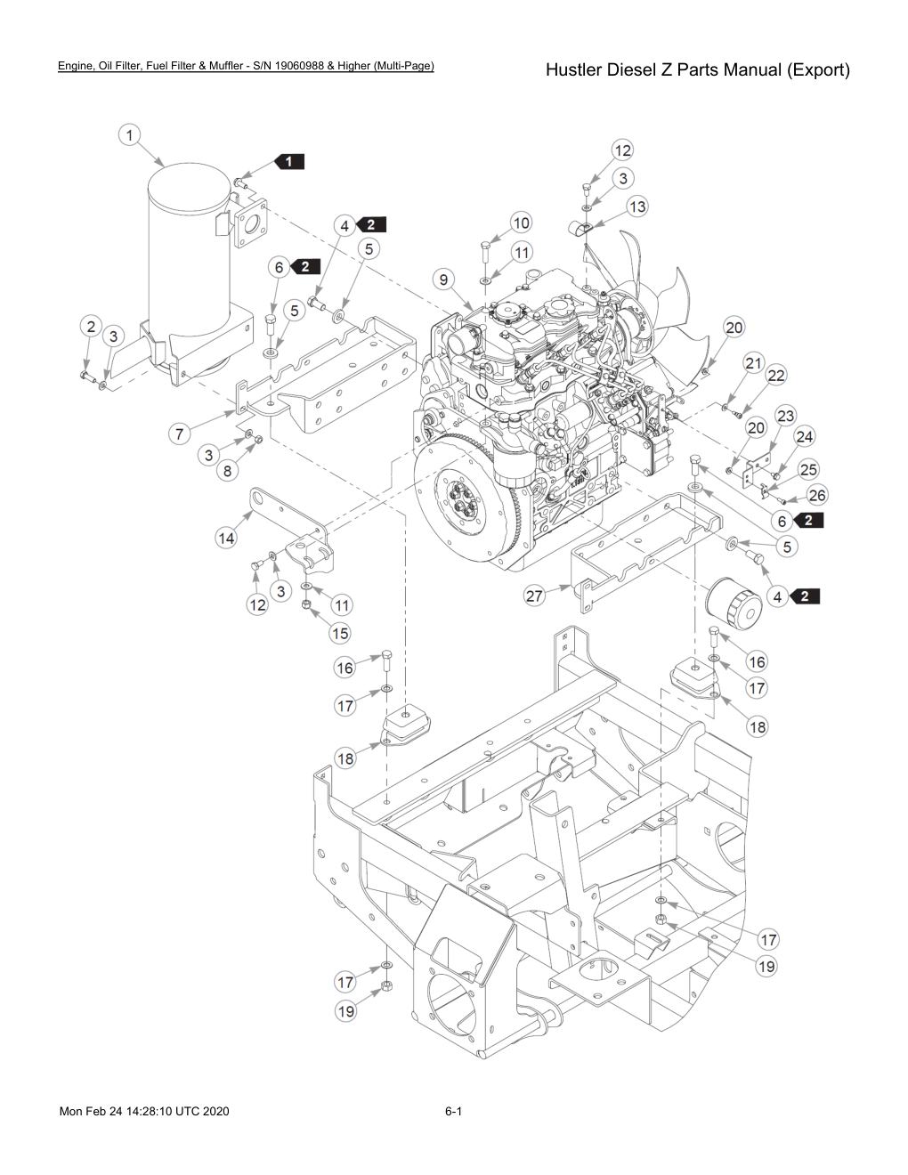 Hustler Diesel Z Parts Manual (Export) - 782078 - Engine, Oil Filter, Fuel Filter & Muffler - S/N 19060988 & Higher (Multi-Page) diagram