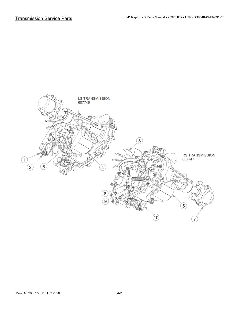 54" Raptor XD Parts Manual - 939751EX - HTRXDS054KAWFR691VE - 607418 - Transmission Service Parts diagram