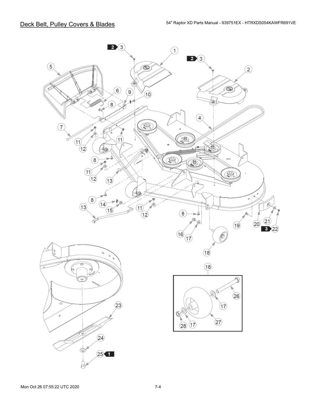 54" Raptor XD Parts Manual - 939751EX - HTRXDS054KAWFR691VE - 607418 - Deck Belt, Pulley Covers & Blades diagram