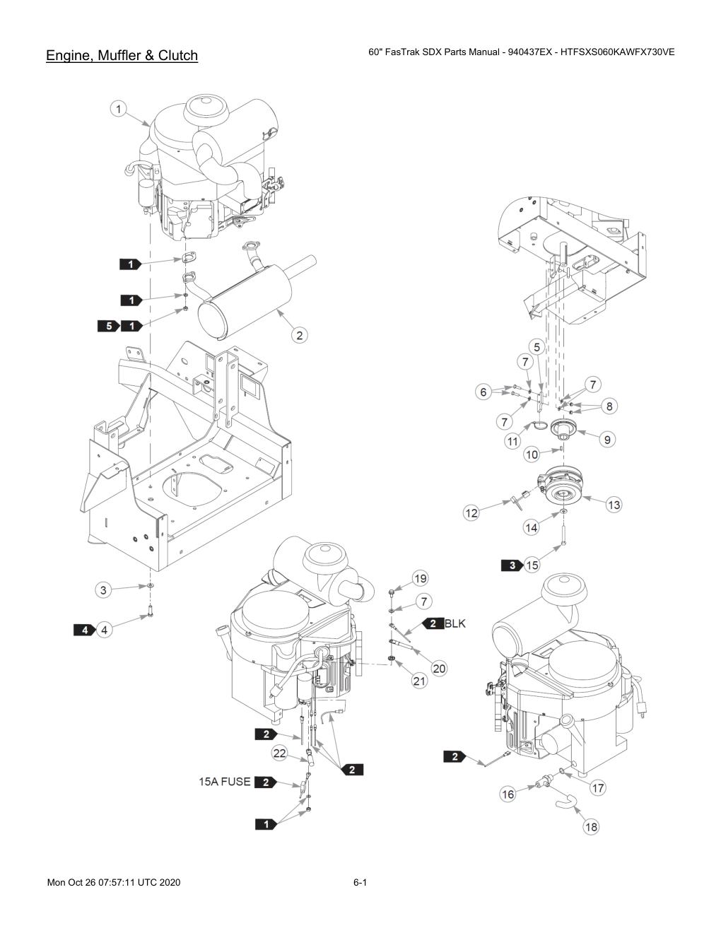 60" FasTrak SDX Parts Manual - 940437EX - HTFSXS060KAWFX730VE - 607667 - Engine, Muffler & Clutch diagram
