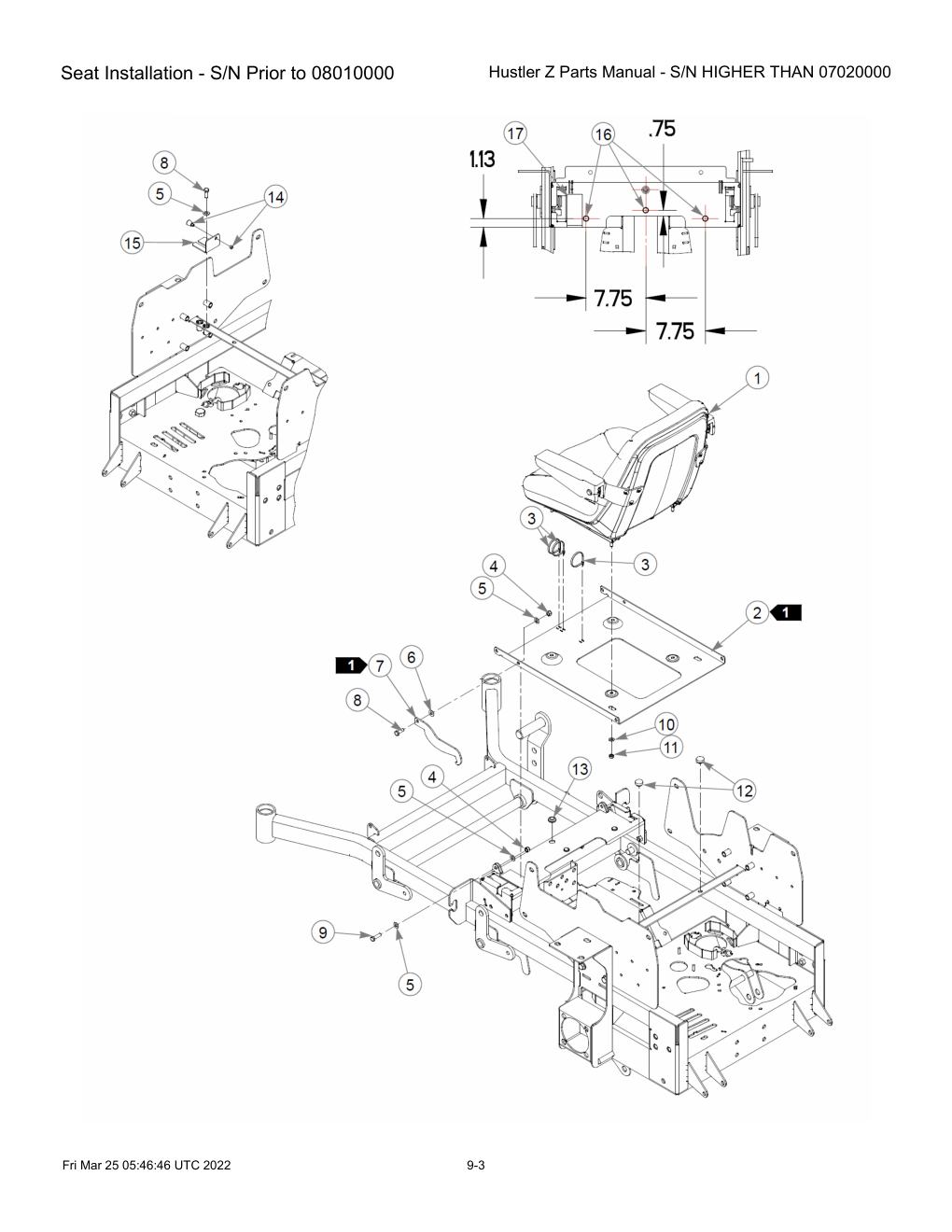Hustler Z Parts Manual - S/N HIGHER THAN 07020000 - 747782 - Seat Installation - S/N Prior to 08010000 diagram