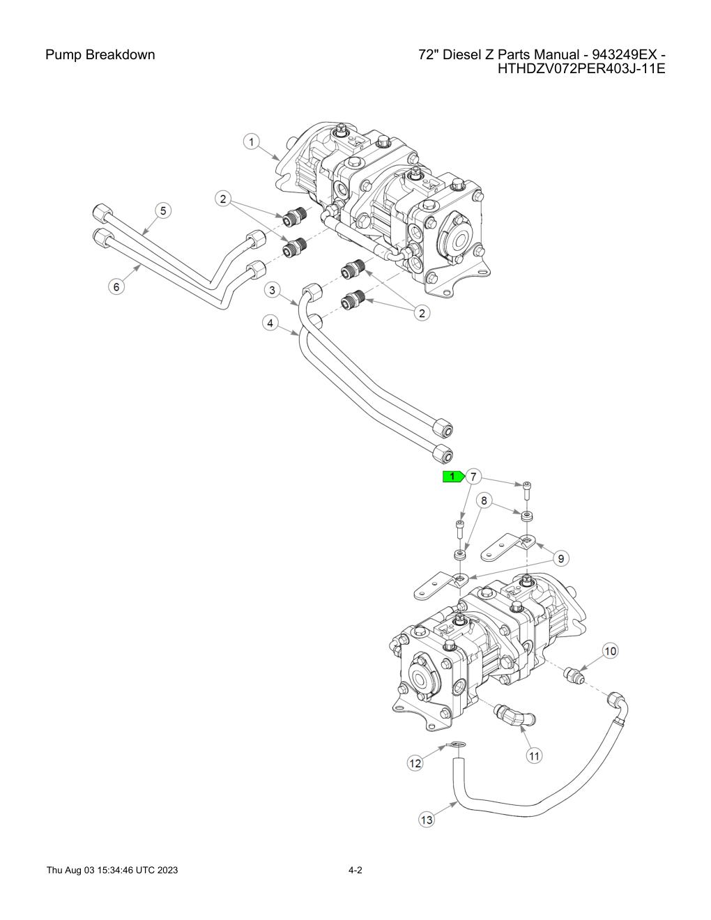 72" Diesel Z Parts Manual - 943249EX - HTHDZV072PER403J-11E - Pump Breakdown diagram