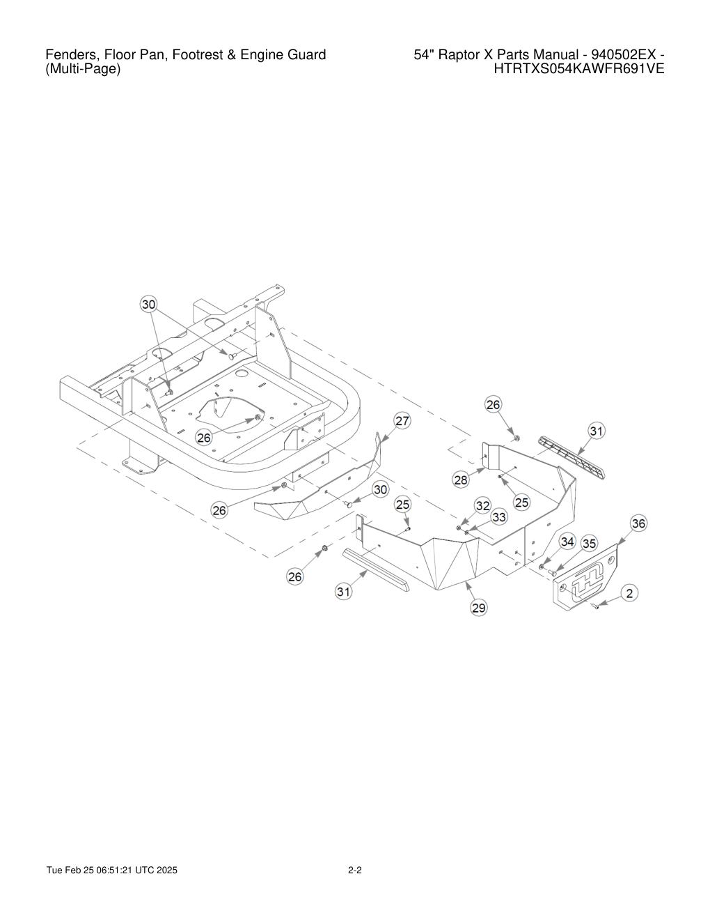 54" Raptor X Parts Manual - 940502EX - HTRTXS054KAWFR691VE - Fenders, Floor Pan, Footrest & Engine Guard diagram