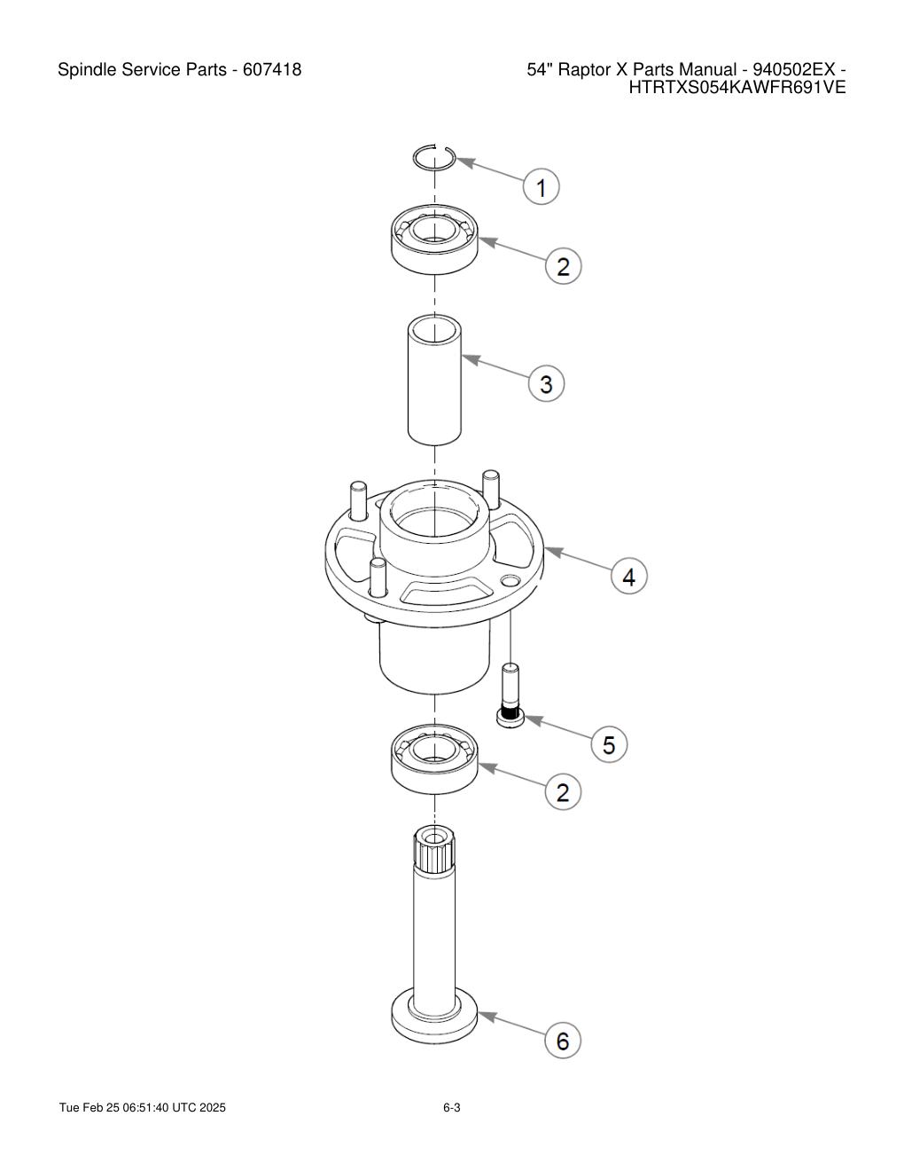 54" Raptor X Parts Manual - 940502EX - HTRTXS054KAWFR691VE - Spindle Service Parts - 607418 diagram