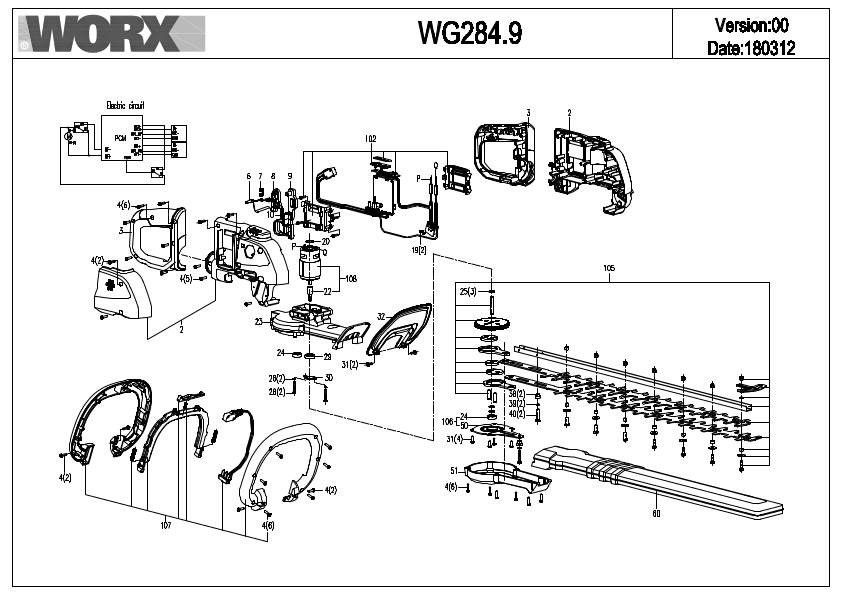 Worx WG284E.9 Exploded Drawing IPL
